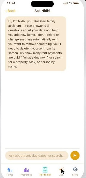 Ask Nidhi chat screen, KulDhan's family assistant