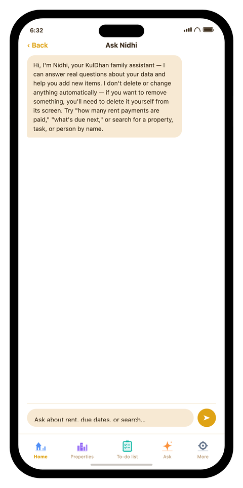 Ask Nidhi chat screen, KulDhan's family assistant