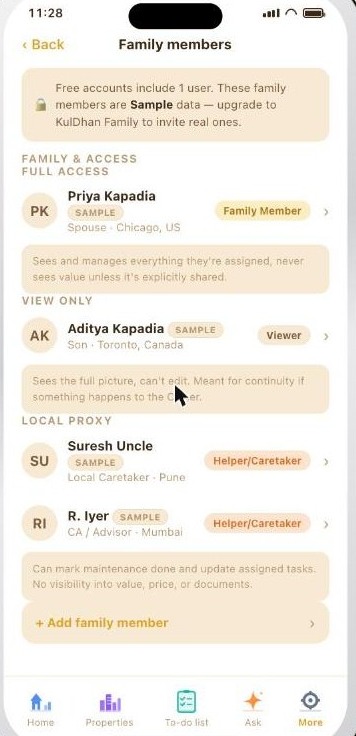 Family members screen showing roles and access levels